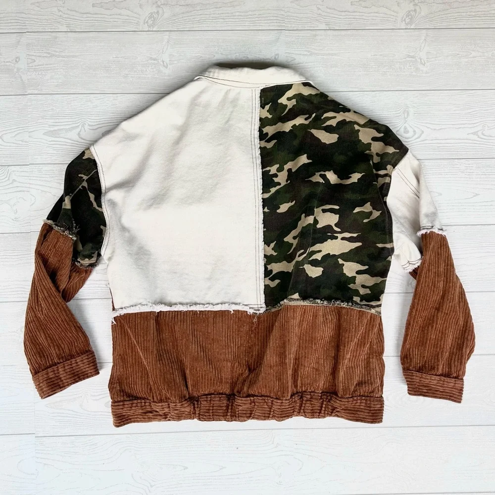POL Women's Oversized Patchwork Corduroy Camo Y2K Jacket Inside Pockets Size S/M - Picture 14 of 16